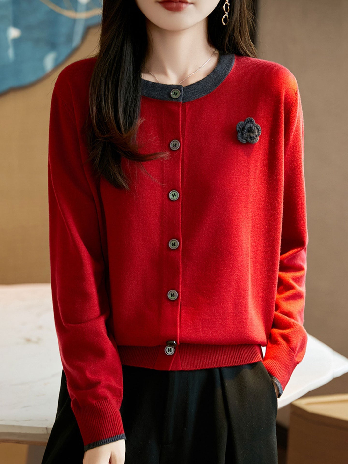 Casual Versatile Color-Block Crew Neck Pullover Knitted Cardigan - liwisi