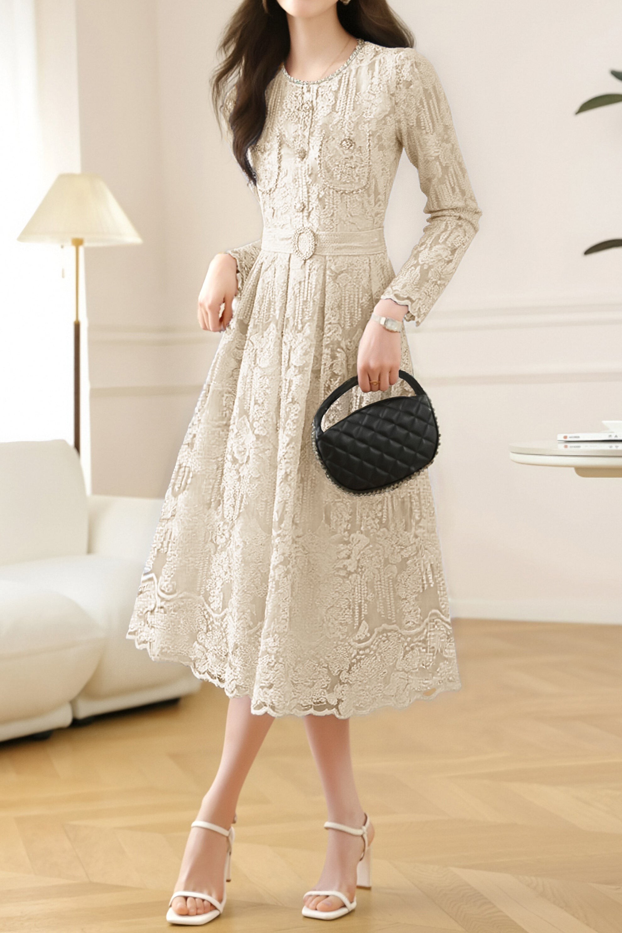 Elegant Exquisite Fitted-Waist Long-Sleeve Lace Dress liwisi Elegant Exquisite Fitted-Waist Long-Sleeve Lace Dress liwisi