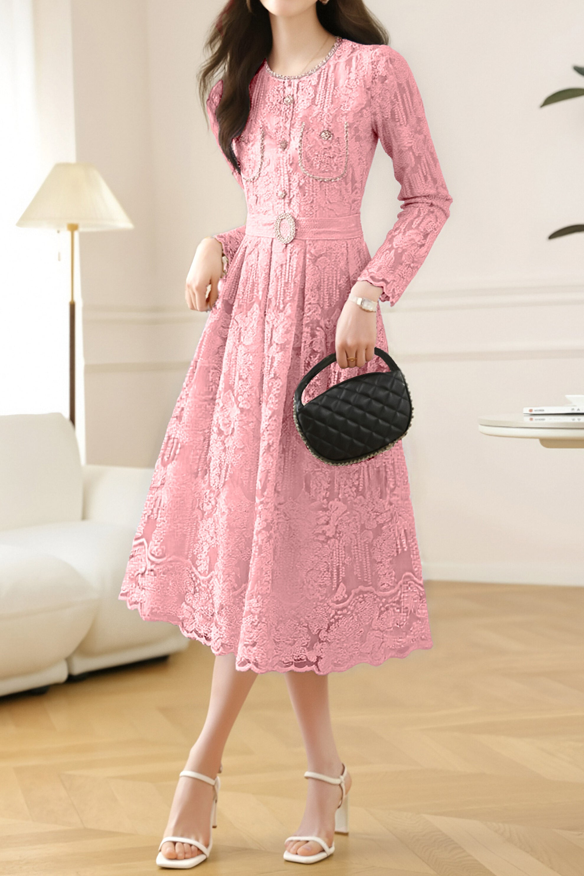 Elegant Exquisite Fitted-Waist Long-Sleeve Lace Dress - liwisi