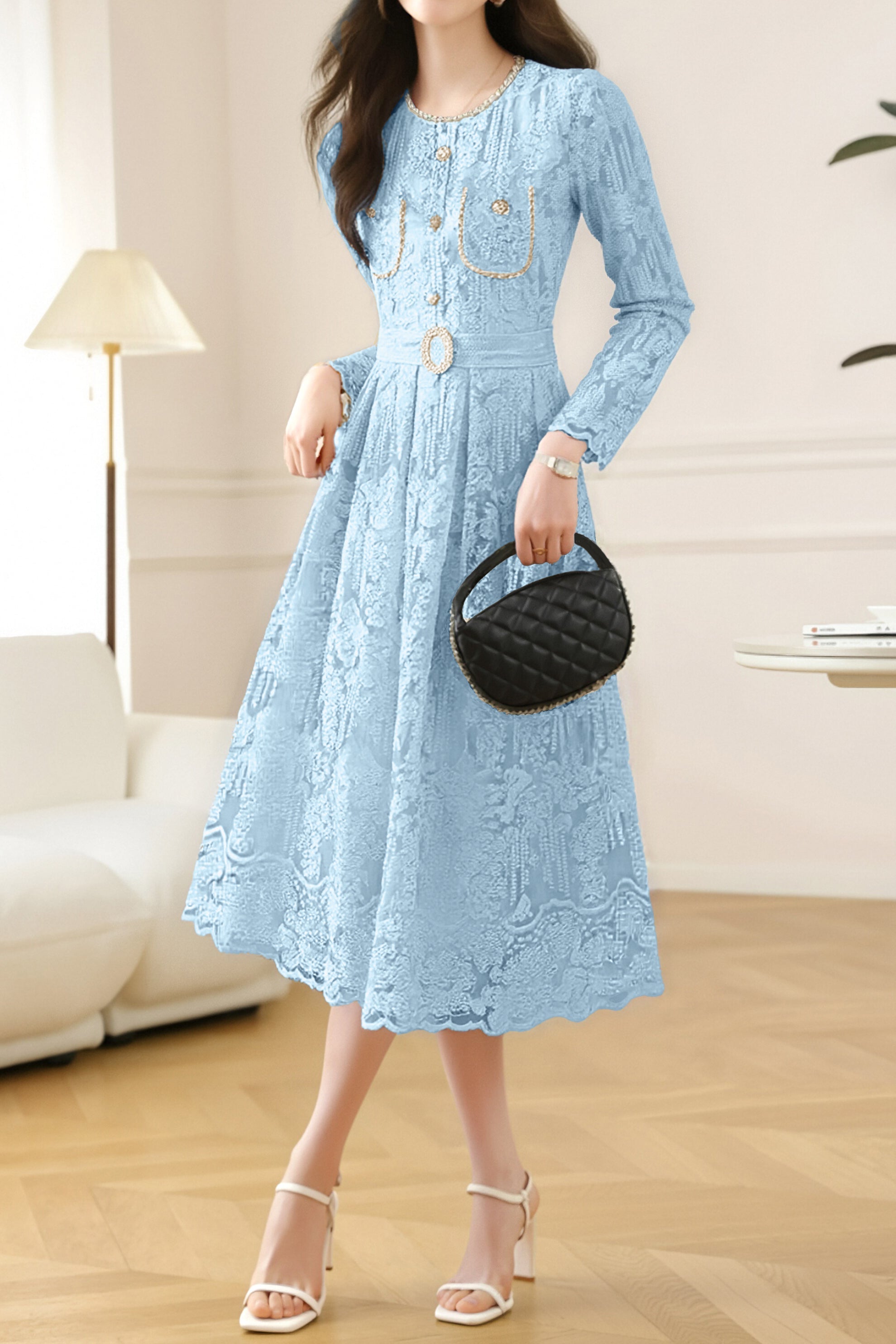 Elegant Exquisite Fitted-Waist Long-Sleeve Lace Dress - liwisi