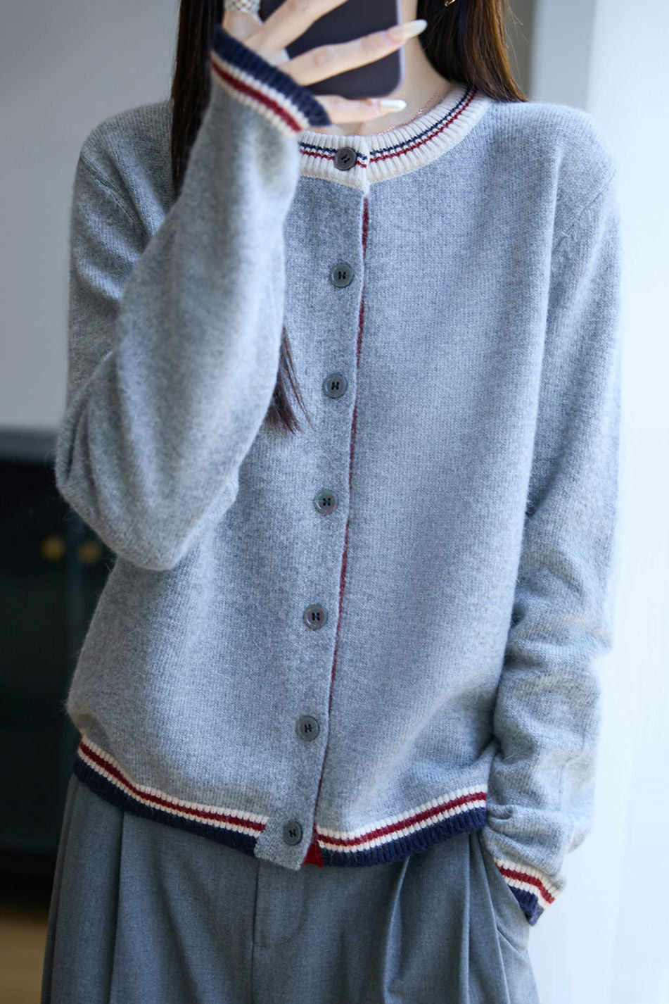 Casual Versatile Crew Neck Color-Block Loose Knitted Cardigan - liwisi