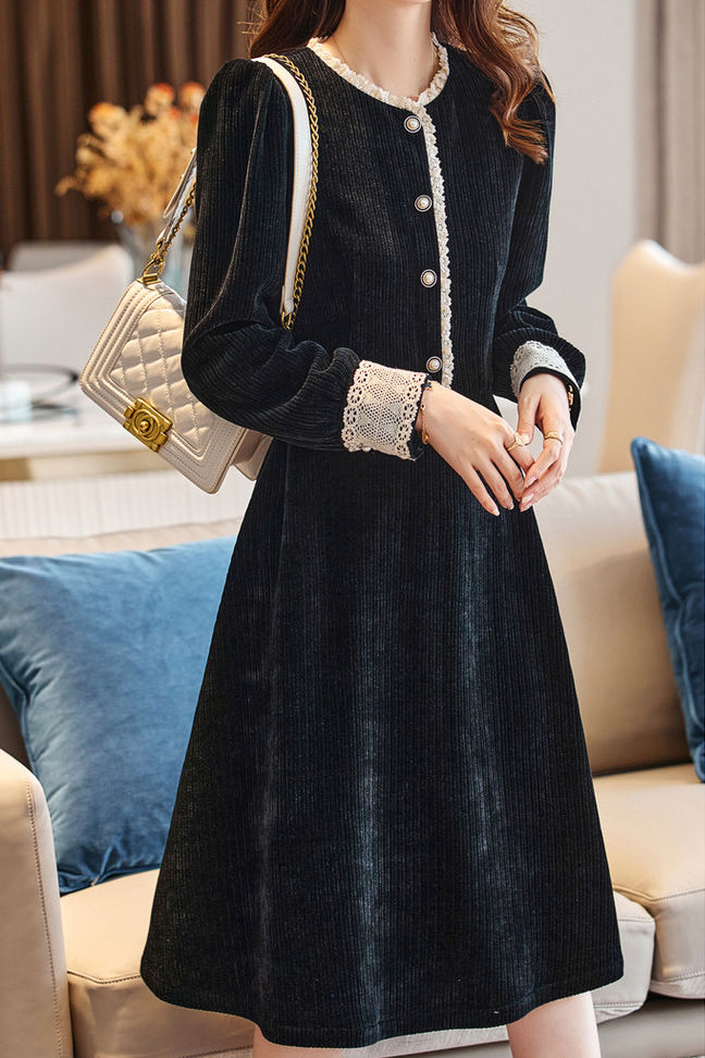 Elegant Ruffle-Paneled Corduroy Dress - liwisi