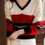 Casual Versatile V-Neck Color-Block Striped Pullover Knitted Top