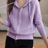 Casual Solid-Color Tied Hooded Knitted Cardigan