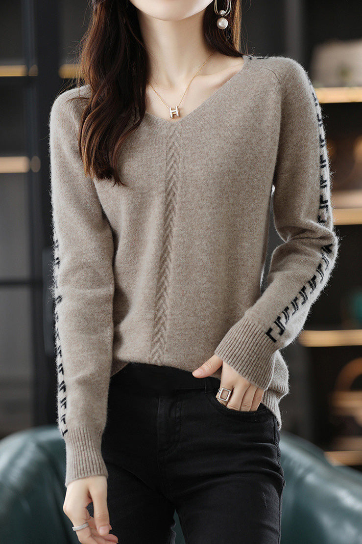 Casual Color-Block Letter V-Neck Pullover Sweater - liwisi