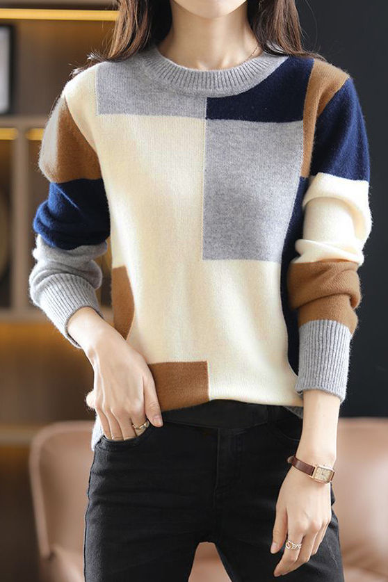 Casual Versatile Color-Block Patchwork Crew Neck Pullover Sweater - liwisi