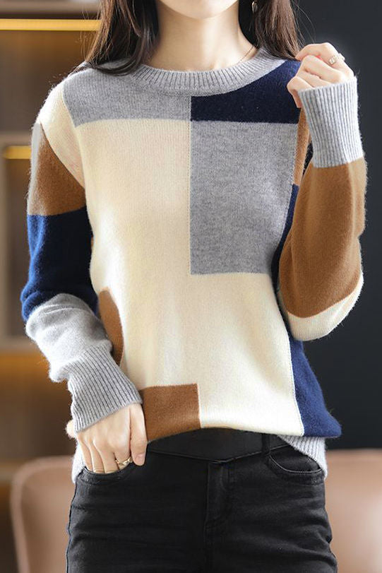 Casual Versatile Color-Block Patchwork Crew Neck Pullover Sweater - liwisi