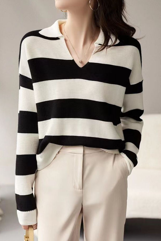 Casual Versatile Striped V-Neck Pullover Sweater - liwisi