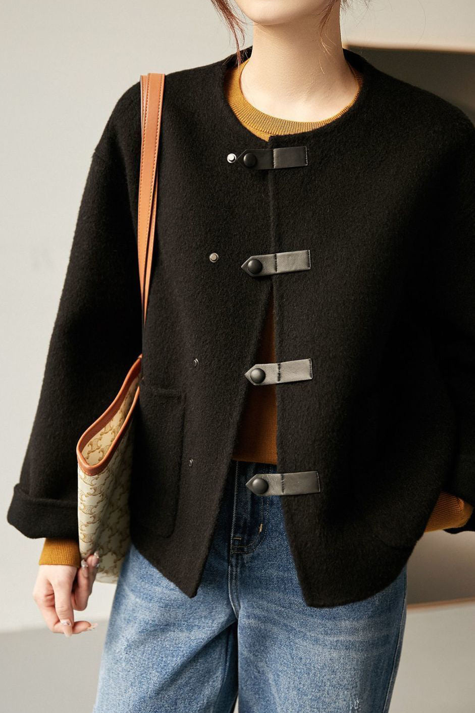 Casual Solid-Color Leather-Button Woolen Coat - liwisi