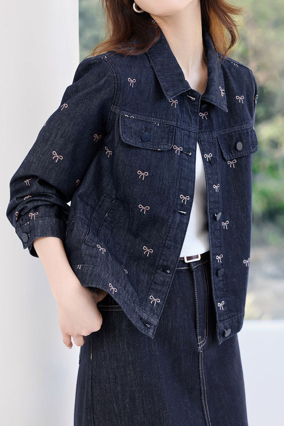 Casual Retro Bow-Print Lapel Denim Coat - liwisi