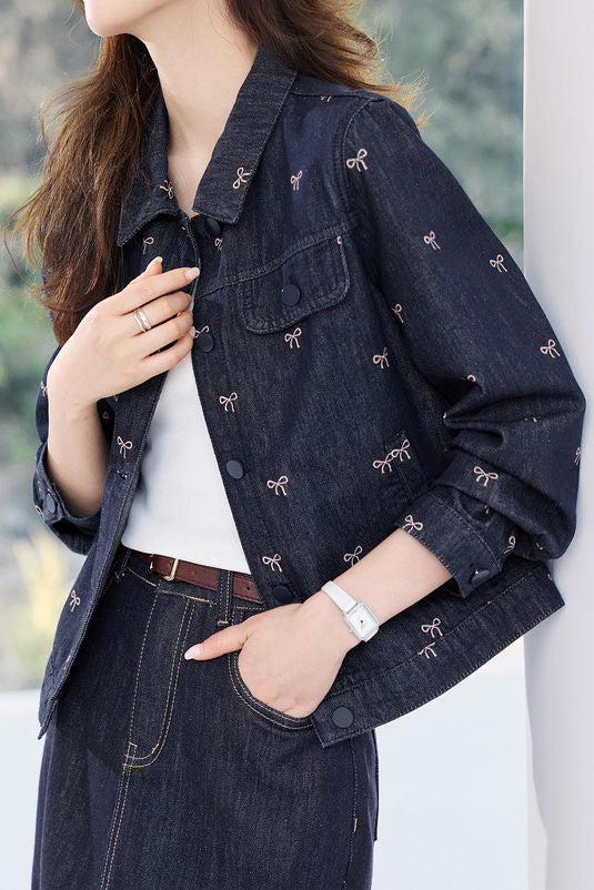 Casual Retro Bow-Print Lapel Denim Coat - liwisi