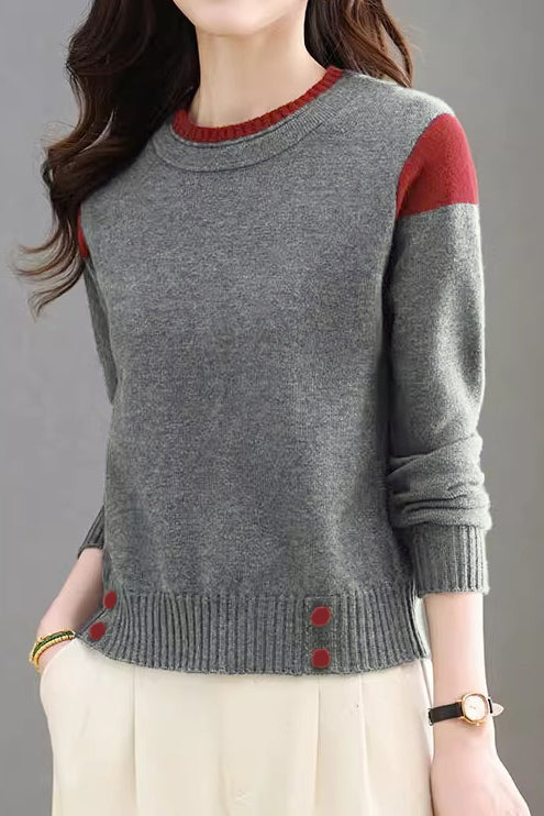 Casual Versatile Crew Neck Pullover Color-Block Knitted Top - liwisi