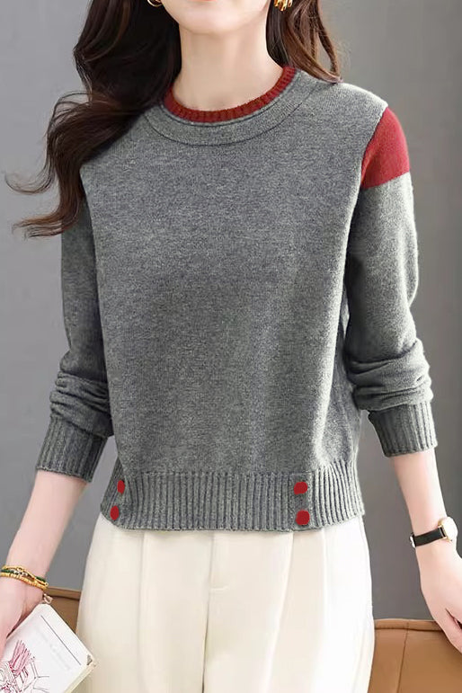 Casual Versatile Crew Neck Pullover Color-Block Knitted Top - liwisi