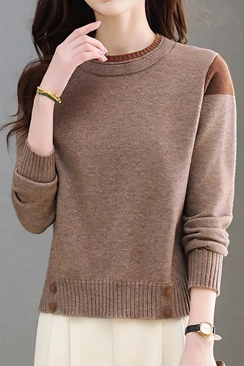 Casual Versatile Crew Neck Pullover Color-Block Knitted Top - liwisi