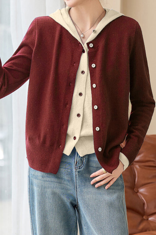 Casual Minimalist Color-Block Hooded Fake Two-Piece Knitted Cardigan - liwisi