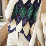 Casual Retro Argyle V-Neck Color-Block Knitted Vest