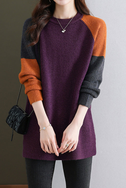 Casual Versatile Crew Neck Color-Block Long-Sleeve Sweater - liwisi