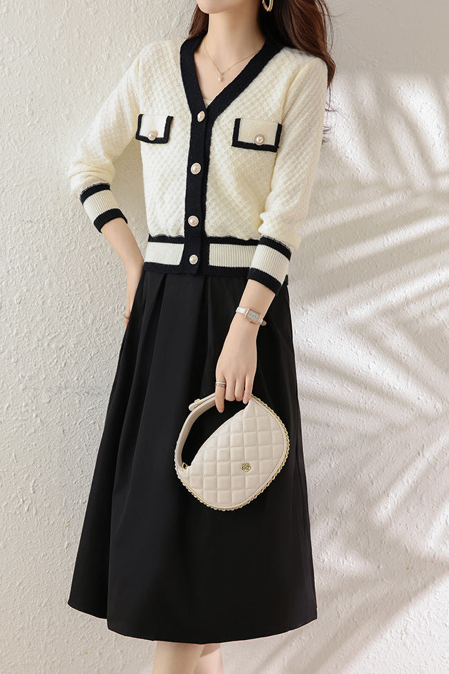 black and white dress with cardigan How to Wear a a Cardigan? GOELIA This two Contrast Trim Cardigan And Vest