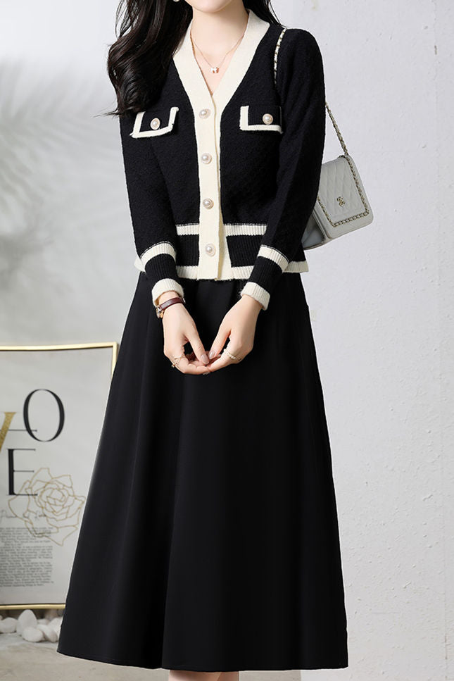 Elegant V-Neck Color-Block Cardigan A-Line Skirt 2-Piece Set - liwisi