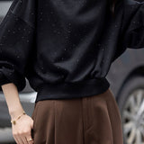 Casual Versatile Pullover Crew Neck Rhinestone Long-Sleeve Top