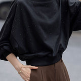 Casual Versatile Pullover Crew Neck Rhinestone Long-Sleeve Top