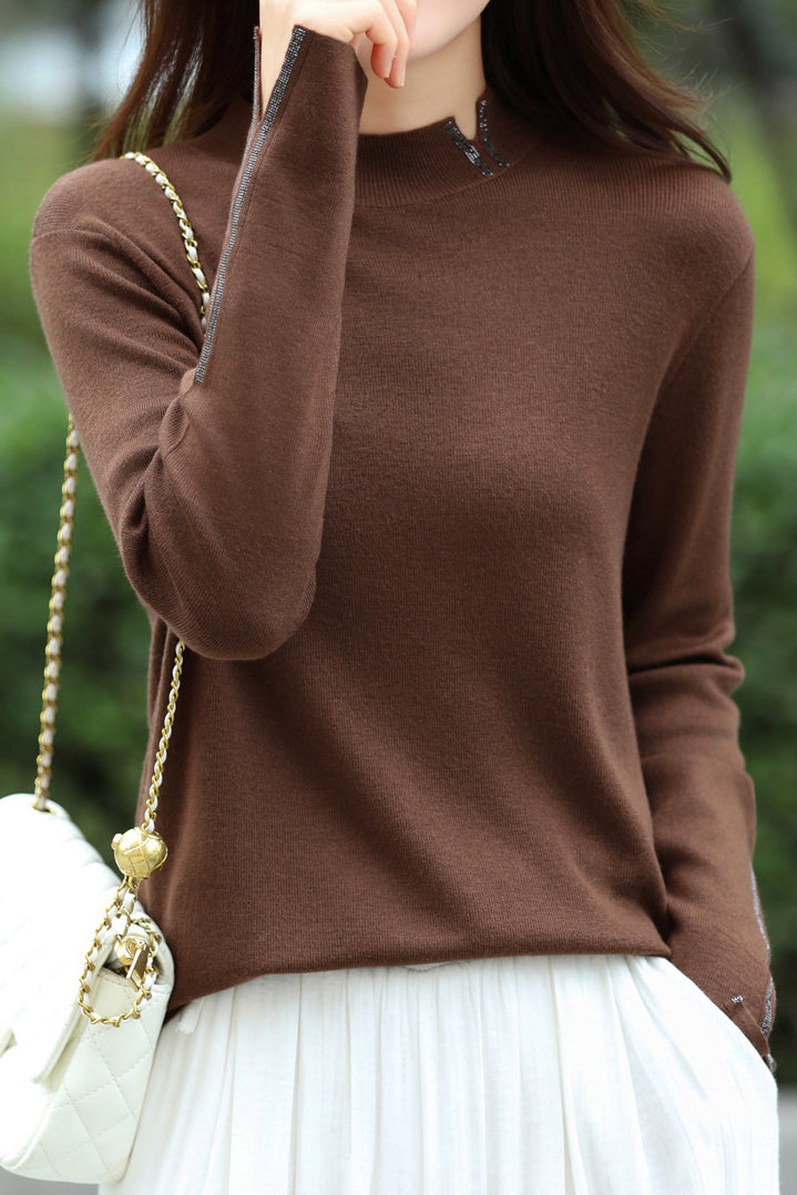 Casual Solid-Color Rhinestone Half-High Neck Pullover Sweater - liwisi