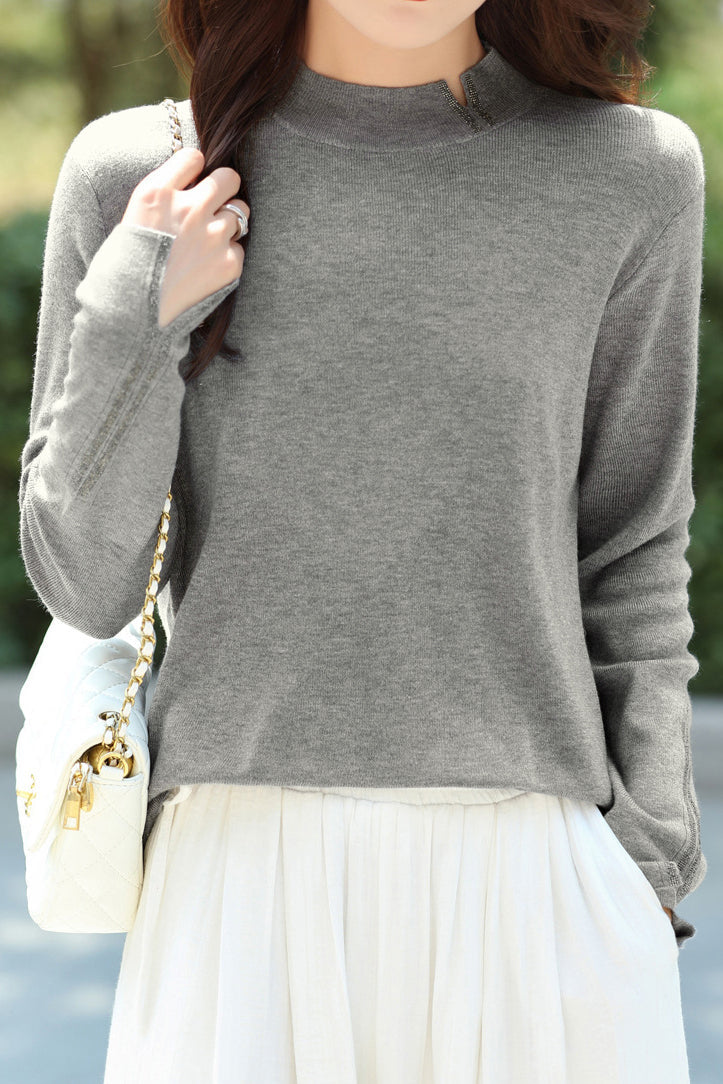 Casual Solid-Color Rhinestone Half-High Neck Pullover Sweater - liwisi