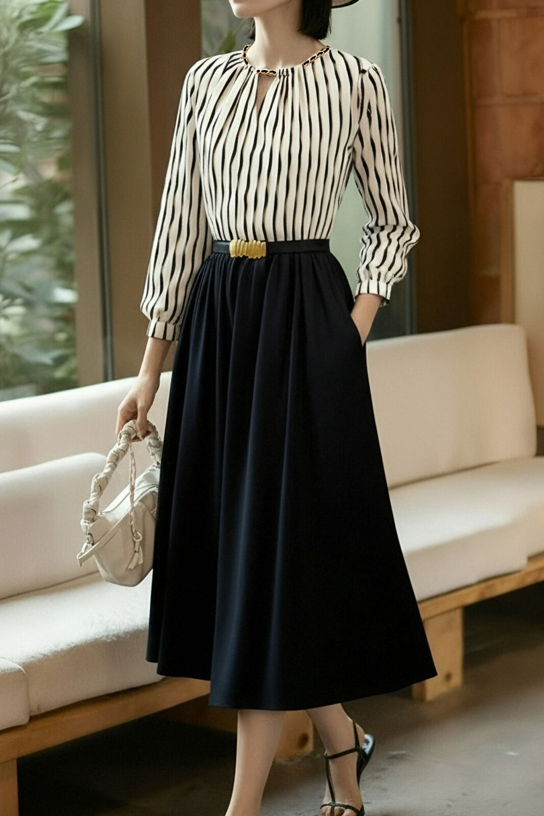 Commuter Versatile Striped Crew Neck Dress - liwisi