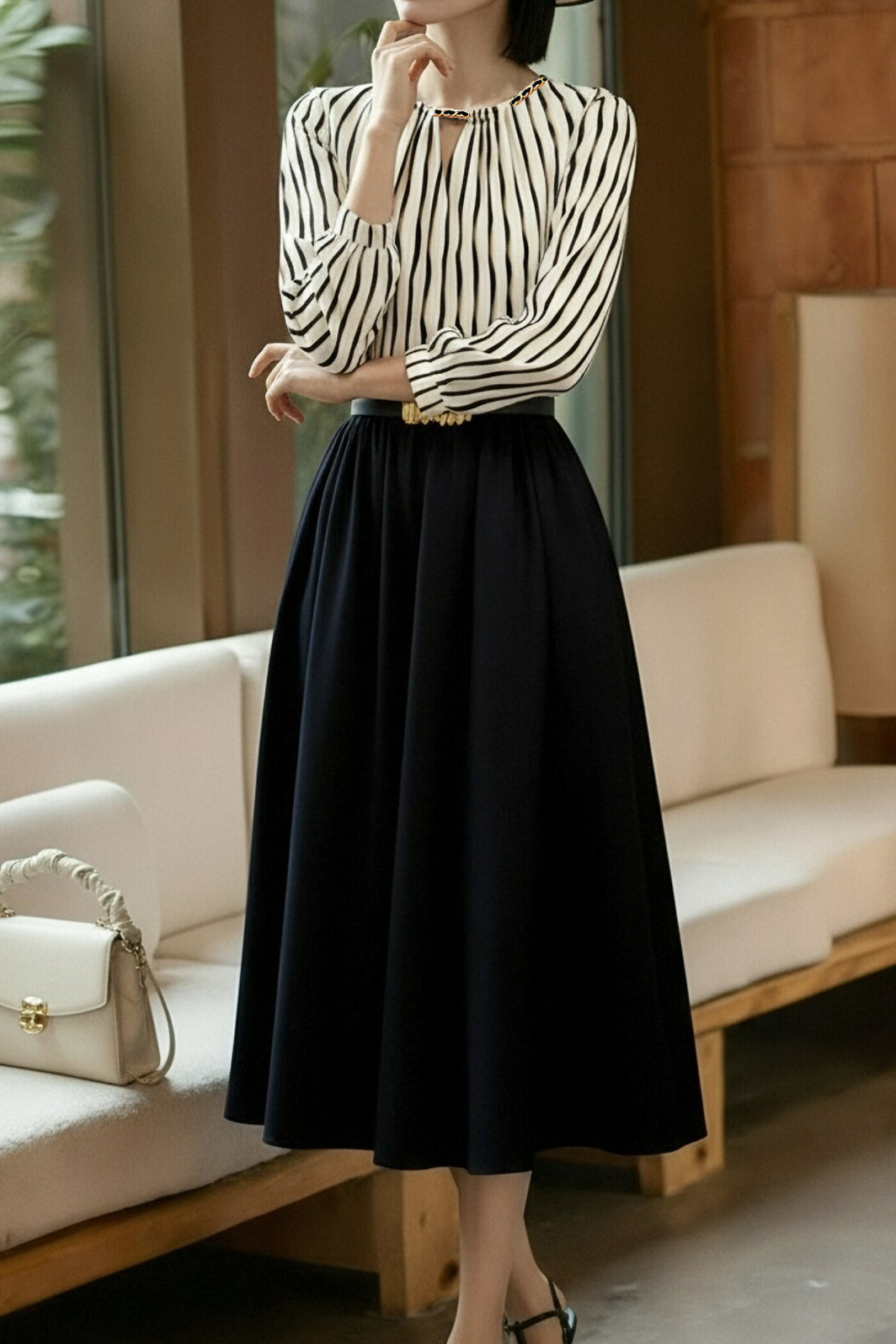 Commuter Versatile Striped Crew Neck Dress - liwisi