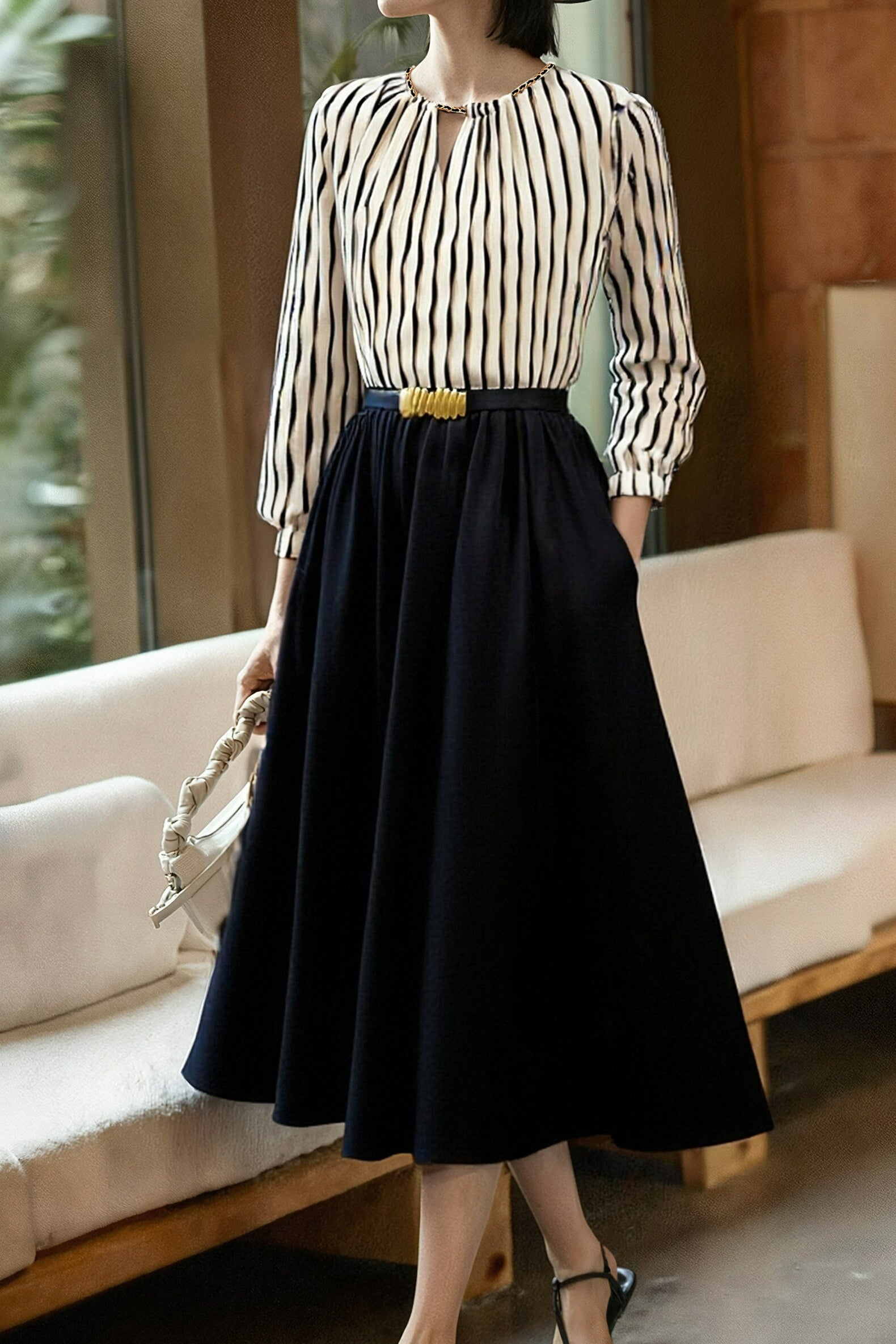 Commuter Versatile Striped Crew Neck Dress - liwisi