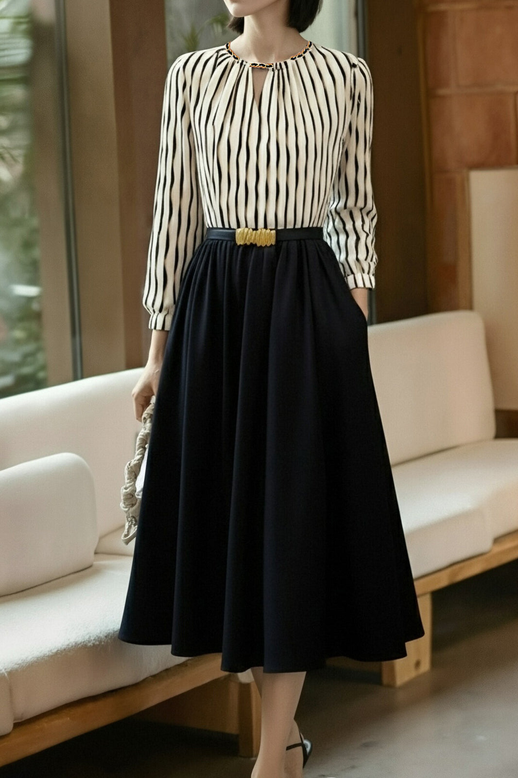 Commuter Versatile Striped Crew Neck Dress - liwisi