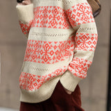 Casual V-Neck Snowflake Striped Pullover Sweater - liwisi