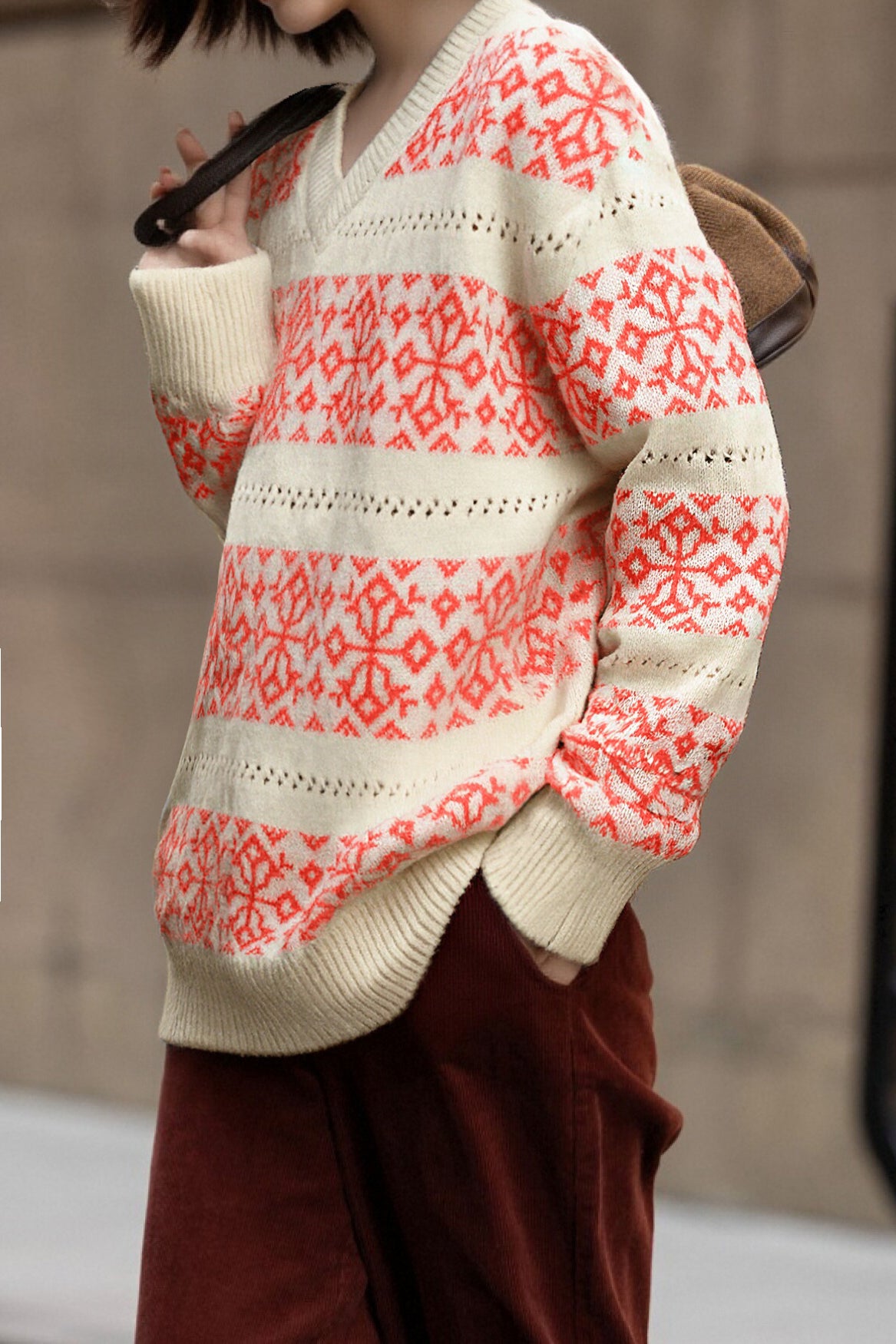 Casual V-Neck Snowflake Striped Pullover Sweater - liwisi