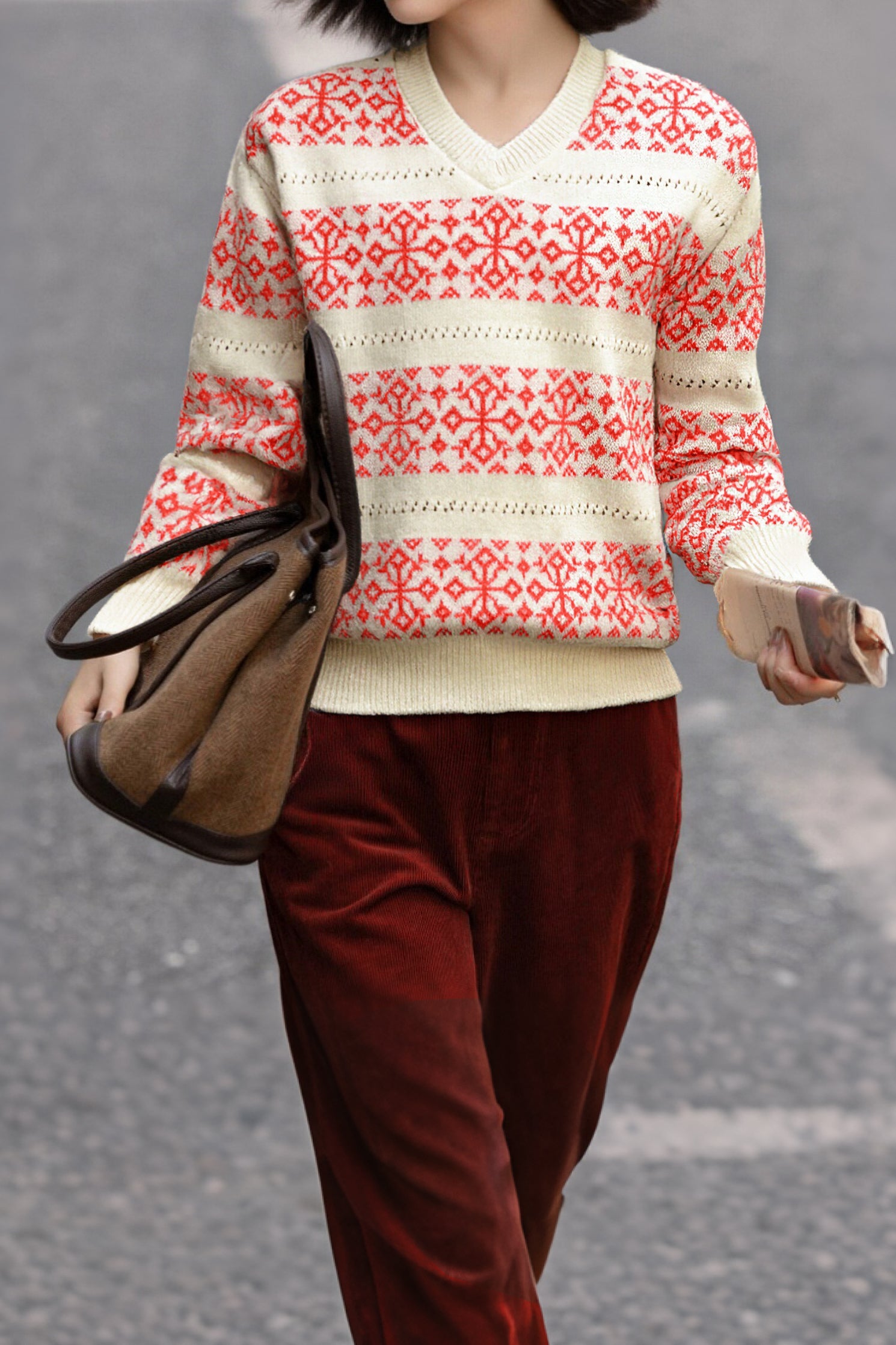 Casual V-Neck Snowflake Striped Pullover Sweater - liwisi