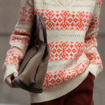 Casual V-Neck Snowflake Striped Pullover Sweater - liwisi
