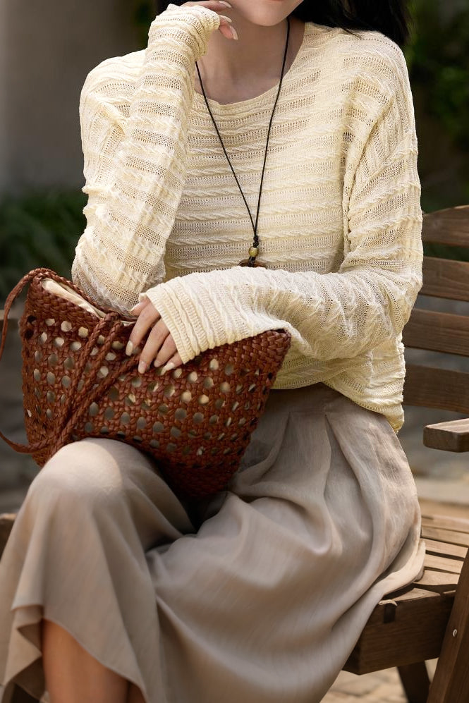 Casual Versatile Crew Neck Ribbed Pullover Knitted Top - liwisi