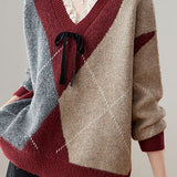 Casual Retro V-Neck Argyle Knitted Pullover - liwisi