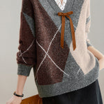 Casual Retro V-Neck Argyle Knitted Pullover - liwisi