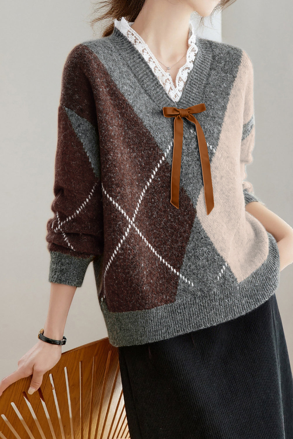 Casual Retro V-Neck Argyle Knitted Pullover - liwisi