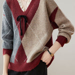 Casual Retro V-Neck Argyle Knitted Pullover - liwisi