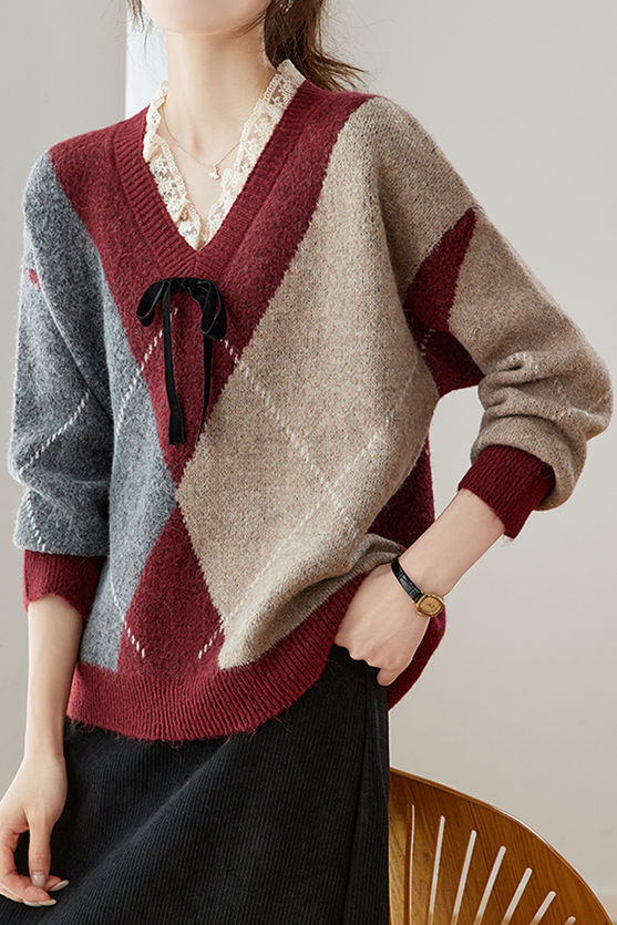 Casual Retro V-Neck Argyle Knitted Pullover - liwisi