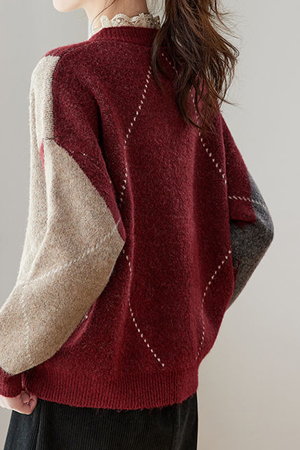 Casual Retro V-Neck Argyle Knitted Pullover - liwisi