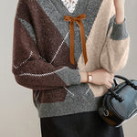 Casual Retro V-Neck Argyle Knitted Pullover - liwisi