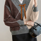 Casual Retro V-Neck Argyle Knitted Pullover - liwisi