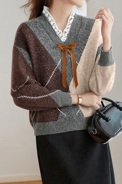 Casual Retro V-Neck Argyle Knitted Pullover - liwisi