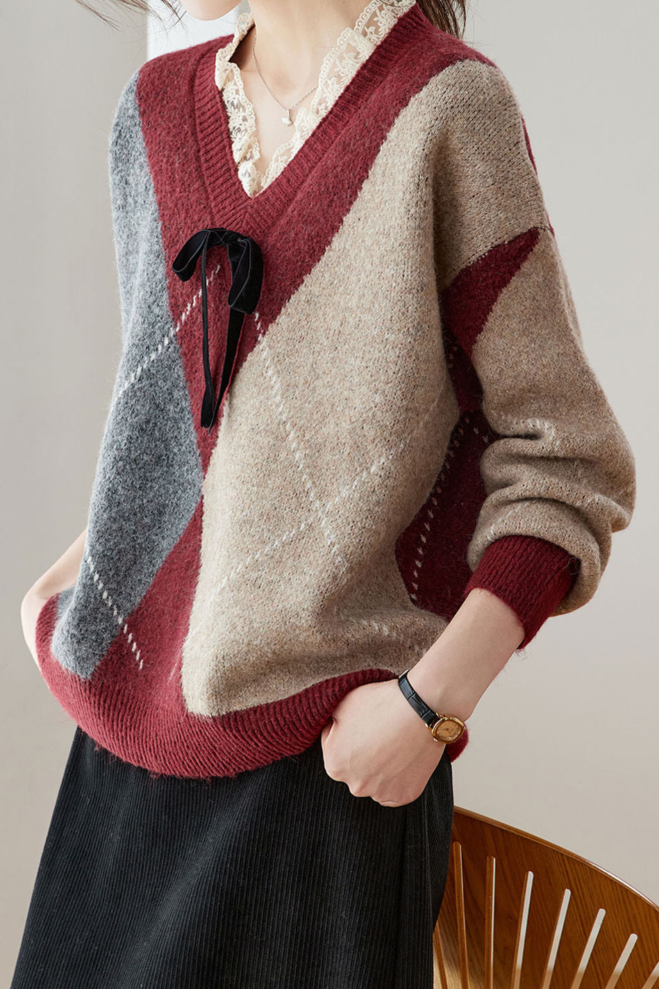 Casual Retro V-Neck Argyle Knitted Pullover - liwisi