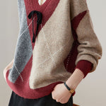 Casual Retro V-Neck Argyle Knitted Pullover - liwisi