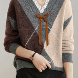 Casual Retro V-Neck Argyle Knitted Pullover - liwisi