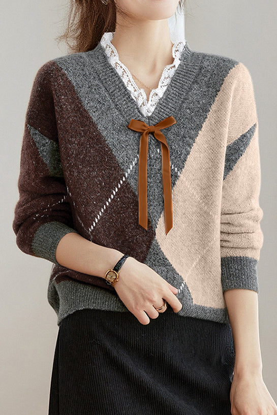 Casual Retro V-Neck Argyle Knitted Pullover - liwisi