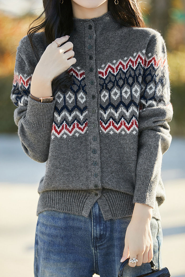 Casual Retro Color-Block Long-Sleeve Knitted Cardigan - liwisi